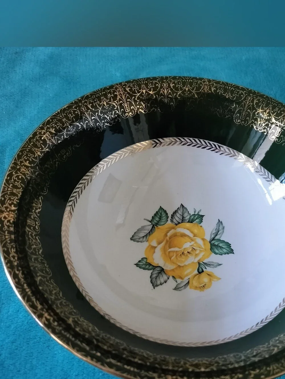 Vintage Homer Laughlin Lady Greenbriar Serving Bowl Yellow Rose Green Gold 1952